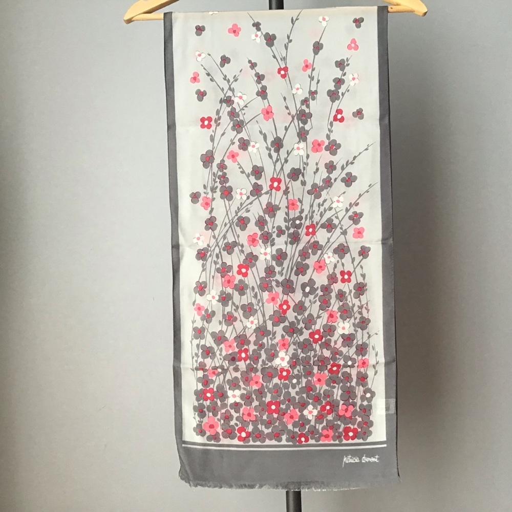 Vintage Patricia Dumont Grey Pink Floral Rectangle Oblong Scarf